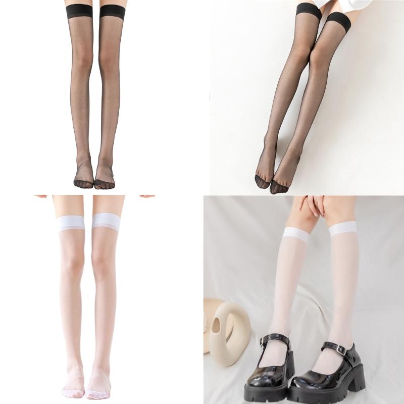 Summer Transparent Nylon Socks Sheer Silk Thigh High Stockings Solid Color Over The Knee Stockings JK Students Stockings