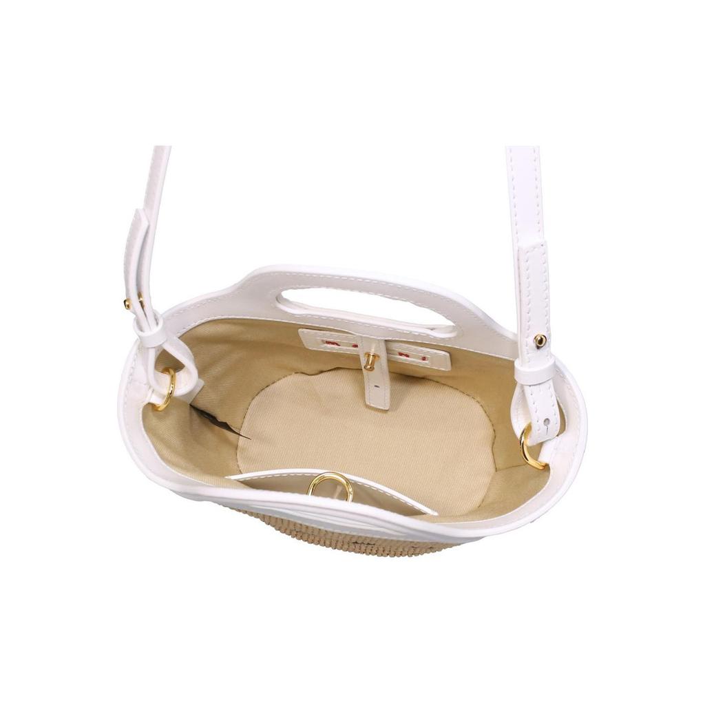 Marni Tropicalia Logo Print Woven Raffia Coconut Leaf Calfskin Bucket Tote Shopping Bag Women Tote White Beige BMMP0067Q0