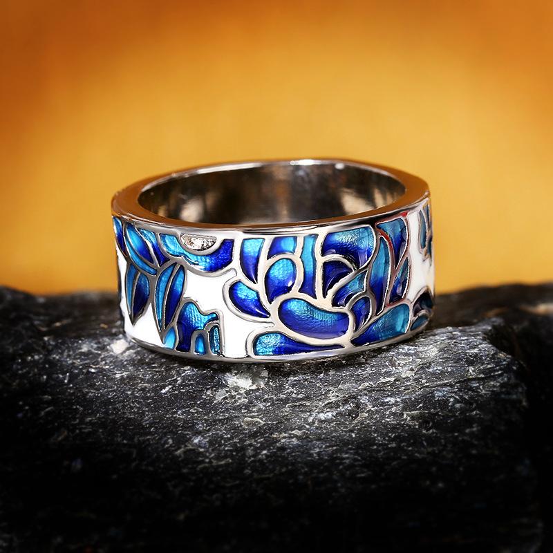 Classic Epoxy Enamel Blue Flower Ladies Ring 925  For Ladies Jewelry Wedding Ring Bridal Jewelry  Ring