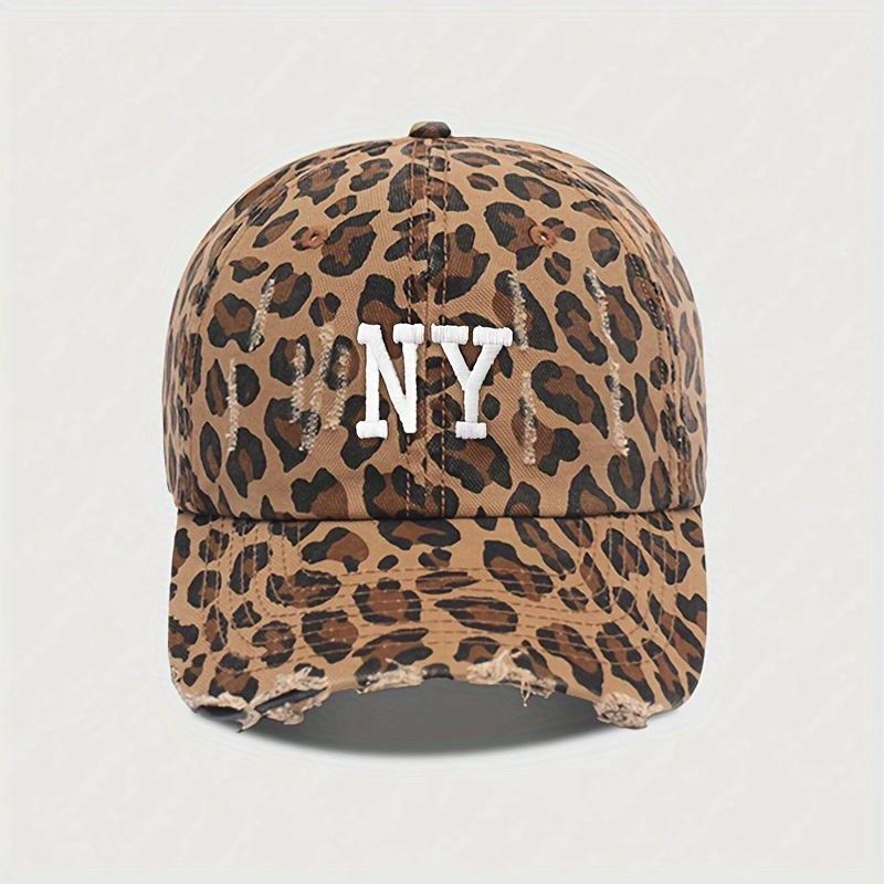 Embroidered NY Distressed Leopard Print Baseball Cap, Breathable Adjustable Golf Summer Fashion Curved Brim Hat, Lightweight Polyester, Toggle Closure