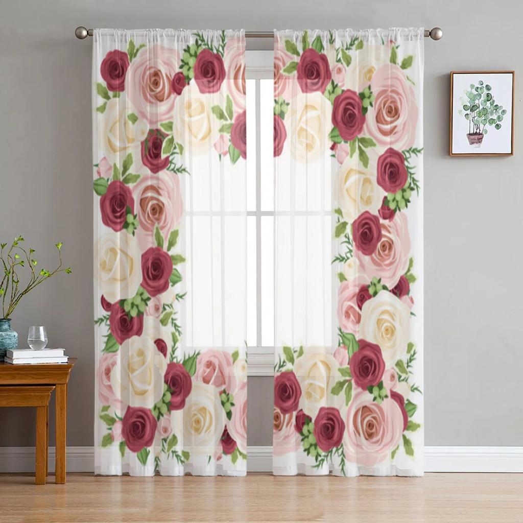 Red Pink And White Roses Tulle Sheer Window Curtains For Living Room The Bedroom Modern Chiffon Voile Curtains Fabric Drapes