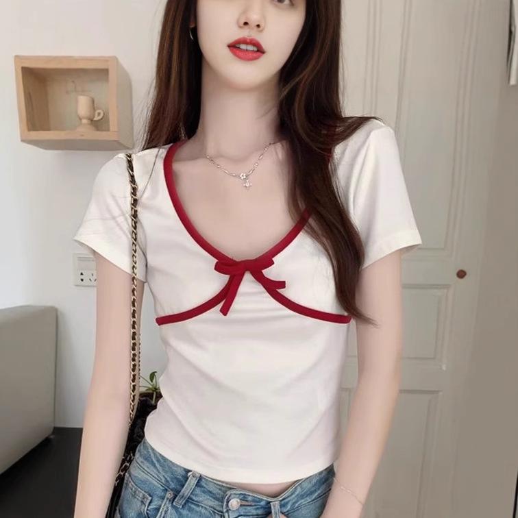 

2025 Summer Chic Cotton T-Shirt: Hot Girl Style in Spliced Color Design S