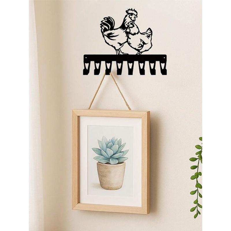 Hand Forged Iron Rooster and Hen Key Holder Wall Decor 8 Hooks Farmhouse Entryway Rustic Chicken Wall Art Animal Lover Gift Vintage Country Home