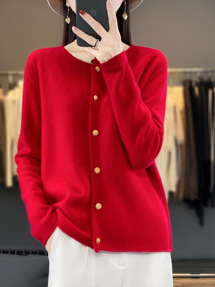Women's 100% Wool Loose Slimming Round Neck Cardigan with Metal Buckle