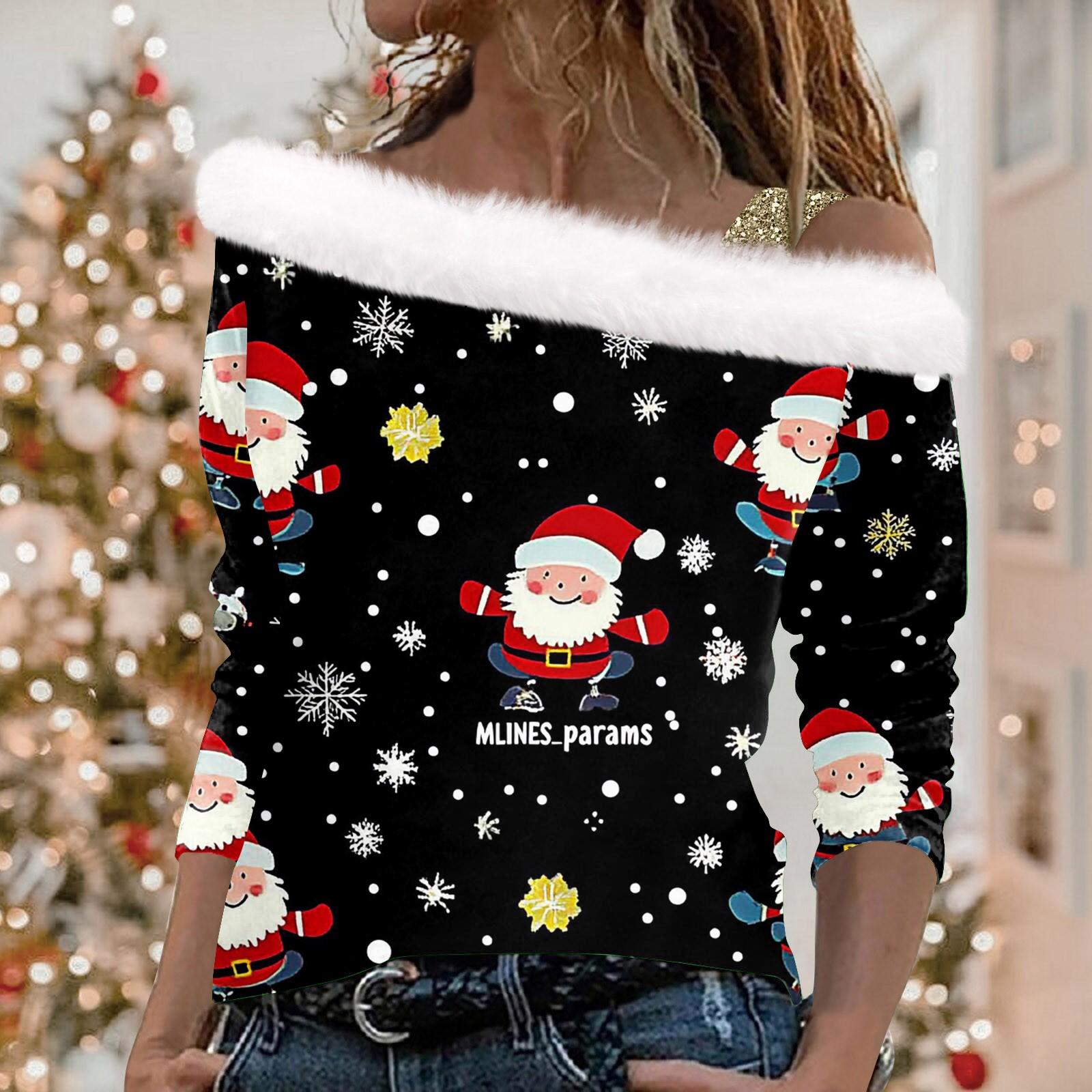 Женский повседневный модный топ с длинными рукавами и открытыми плечами с рождественским — фото 14