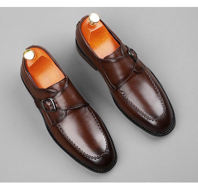 Korean Style Round Toe Men's Leather Shoes with Buckle – Trendy Glossy Business Formal and Wedding Shoes for Nightclub or Hairdresser.
