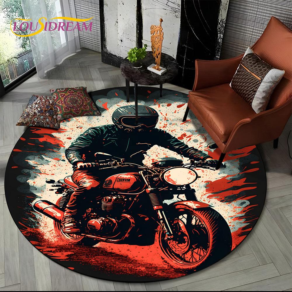 3D Retro Vintage Motorcycle Cartoon Round Area Carpet Rug for Living Room Bedroom Kid Playroom Decor,Pet Area Rug Non-slip Gift