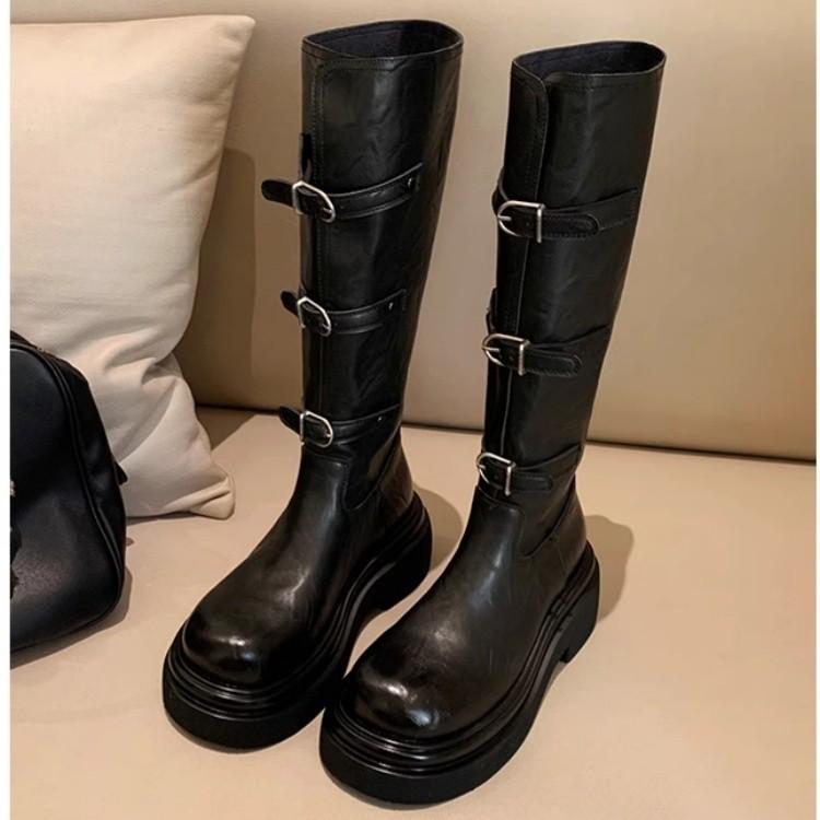2025 New Belt Buckle Heightened Platform Knight Women's Boots Women's Autumn and Winter New Medium and High Boots Knight Boots