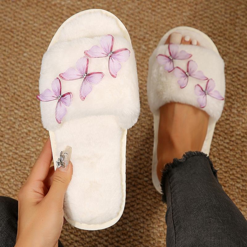 Fashion Butterfly Decor Home Plush Slippers Women Autumn Winter Open Toe Indoor Slippers for Woman Soft Sole Comfortable Faux Fur Slides