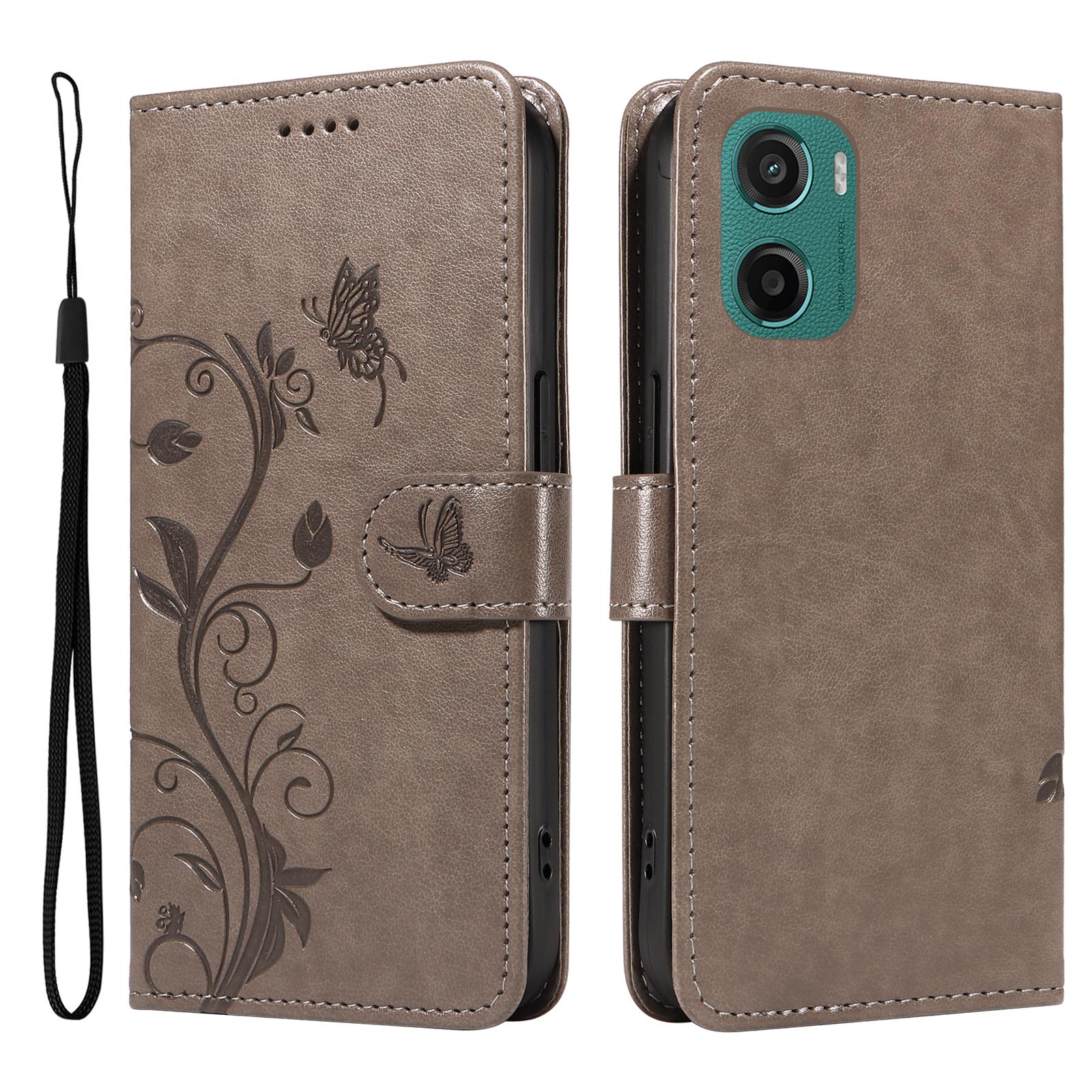 

For Motorola Moto G05 4G PU Leather Cases Flower Pattern Wallet Stand Phone Cover with Strap Grey