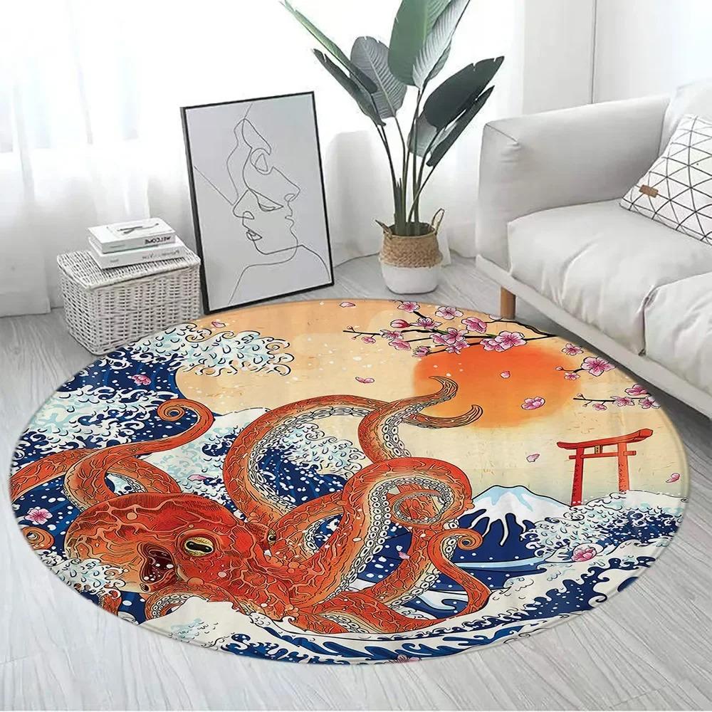 Japanese Style Round Carpet Ink Art Style Living Room Decorative Mat Floor Mat Mountain Landscape Cherry Blossom Other Elements