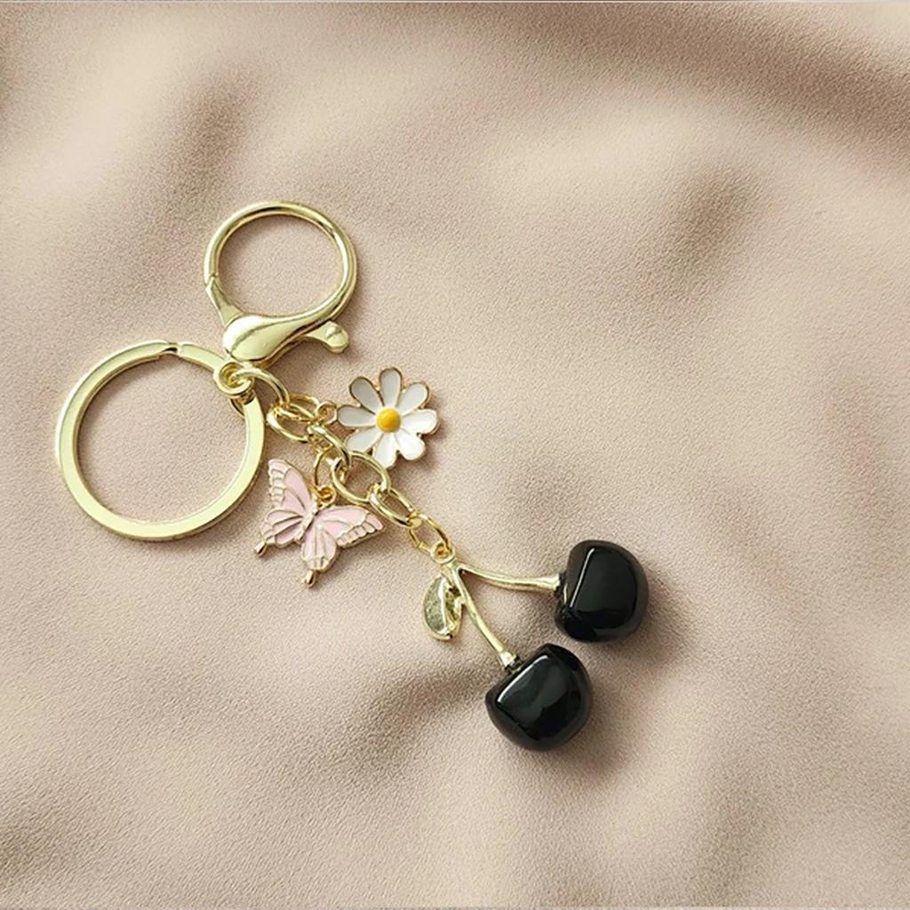 Shiny Cherry Keychain Butterfly Daisy Tassel Bag Pendant Fashion Jewelry Couple Family Keychain Pendant
