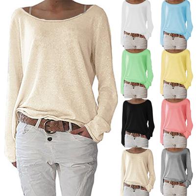 Solid Color Casual Round Neck Long Sleeve Women Knitted T-shirt Bottoming Top