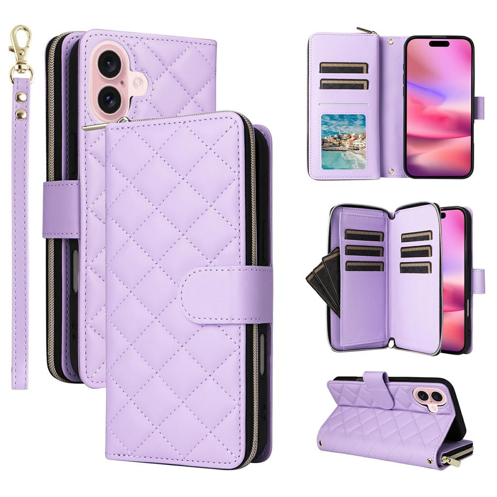 For iPhone 17 Case Zipper Wallet Rhombus PU Leather Crossbody Phone Cover