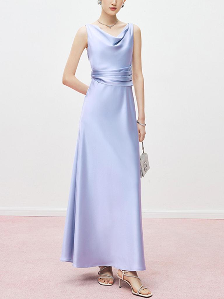 High-End Acetate Glossy Swing Collar Dress: Summer Socialite Style with Pleated Waist-Cinching and Luxe Texture.