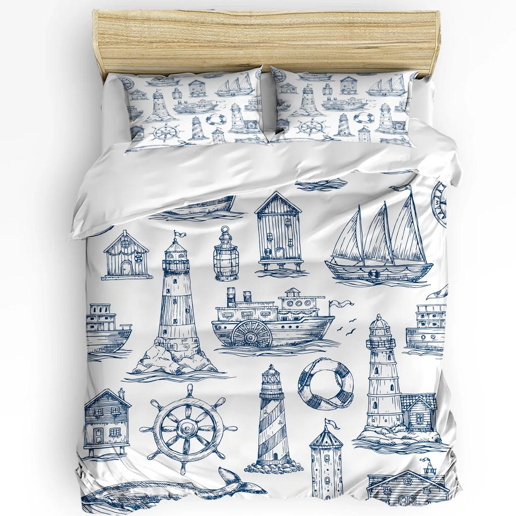 Nautical Anchor Ship Lighthouse Whale Art 3dílná sada povlečení pro manželskou postel Domácí textil Povlak na přikrývku Povlak na polštář Povlak na polštář