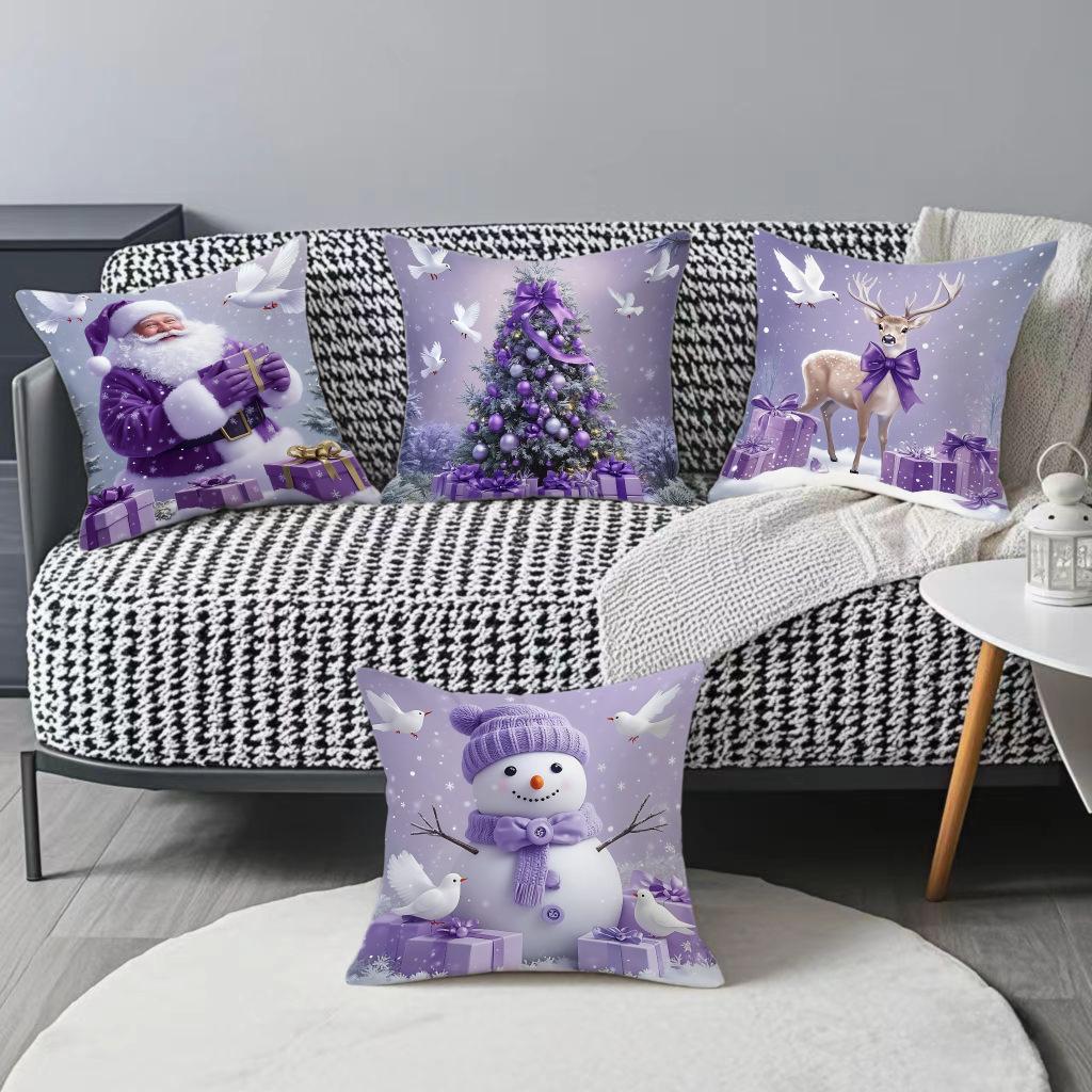 New Christmas Square Purple Decorative Pillowcase Santa Claus Snowman Single-sided Printed Pillowcase