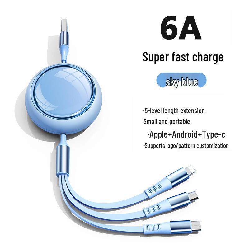 Three-in-One Retractable 6A Fast Charging Cable for Apple, Android, and Type-C Devices
