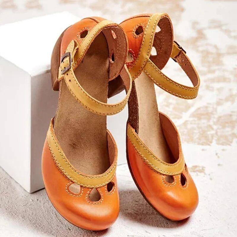 Spring Summer Casual Large Size Women's Shoes Color Block Thick Heel High Heel Sandals Round Toe Rubber Outsole
