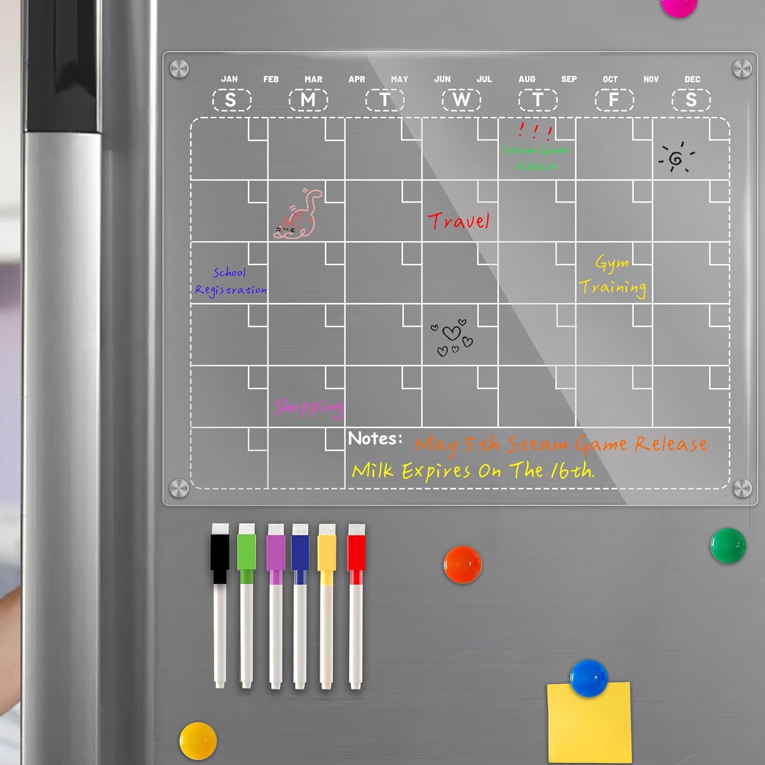 Magnetic Calendar for Refrigerator, Acrylic Fridge Calendar for Easy Organizing, Clear Monthly Planner Whiteboard for Refrigerator 11.8 x9.8