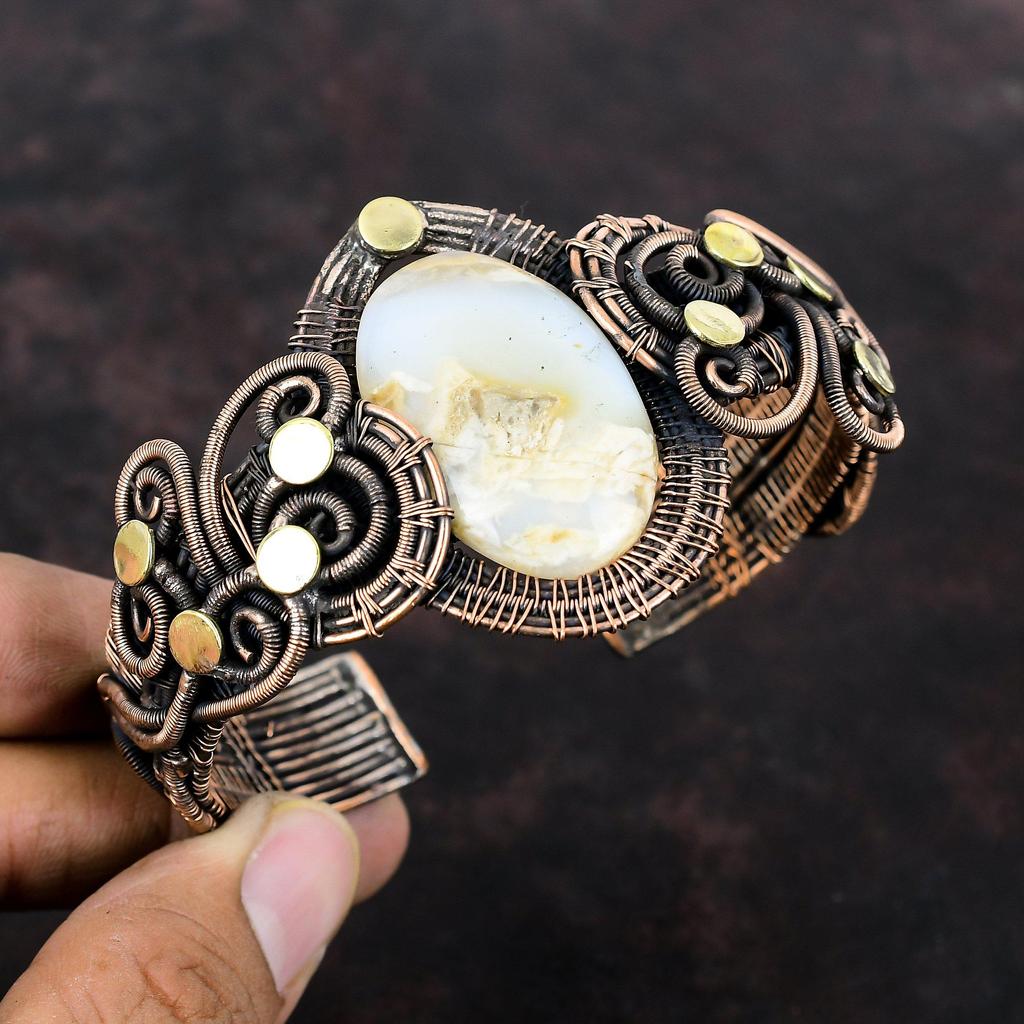 Plume Agate Bangle Gemstone Cuff Bracelet Copper Wire Wrapped Bangle Adjustable Cuff Bracelet Handmade Unique Bangle Copper Jewelry For Gift