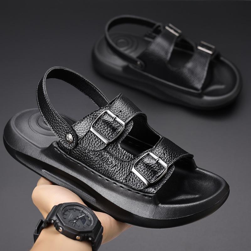 Fashion Buckle Designer Leather Sandals for Men Fashion Casual Outwear Sports Platform Beach Shoes Male Solid Color Slipper Shoe Man