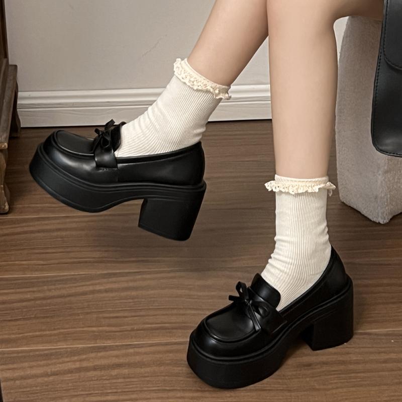Fashion Bowknot Decor Chunky High Heel Pumps Women 2025 Goth Patent Leather Platform Loafers Woman Fashion Thick Sole Jk Uniform Shoes