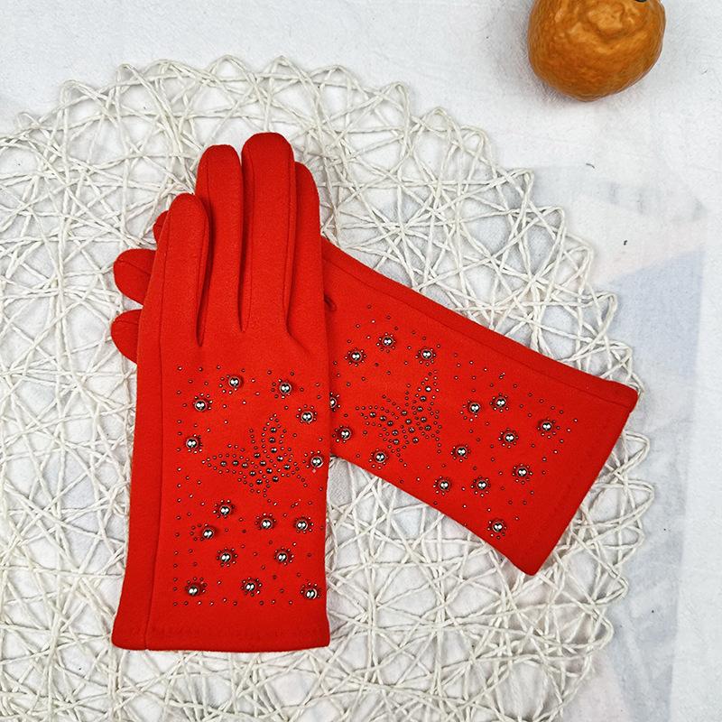 Fashion Women'S Imitation German Velvet Bright Diamond Pearl Gloves Thermal And Velvet Riding Gloves