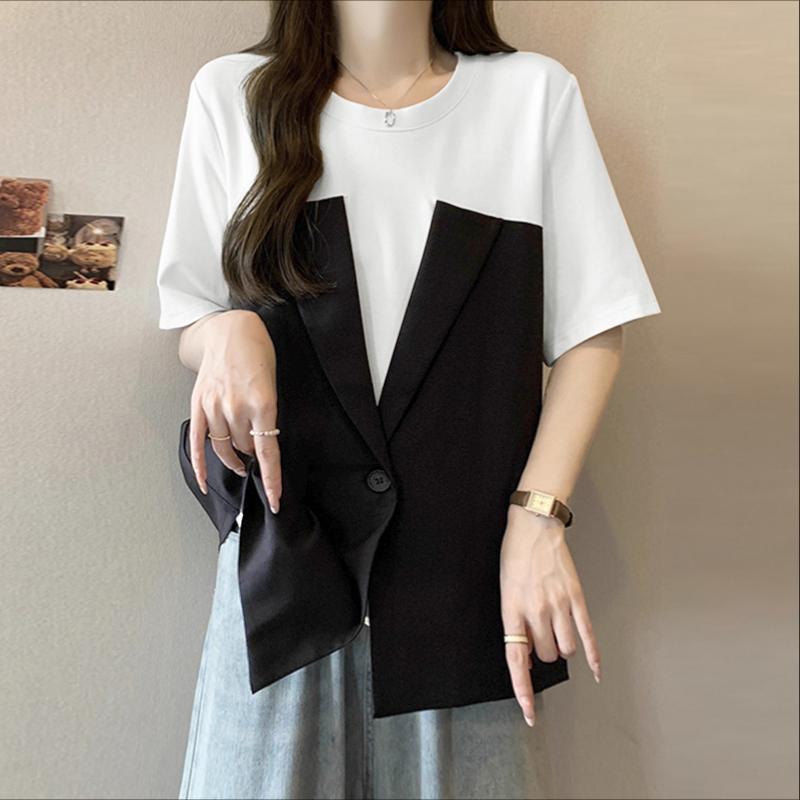 ZANZEA Women Casual Round Neck Summer Short Sleeve Patchwork Blouse