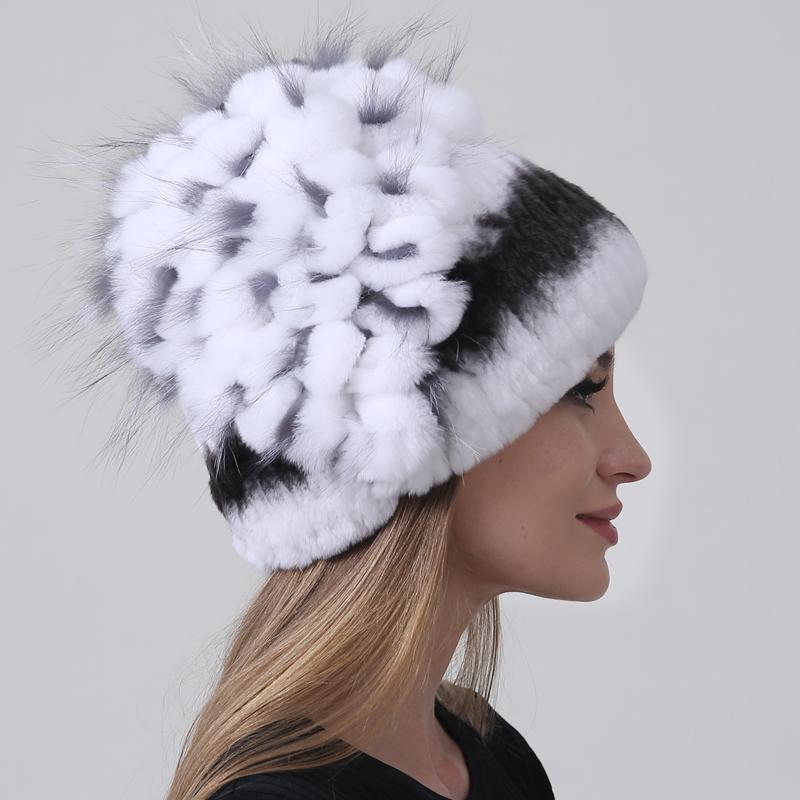 Women's Winter Rabbit Fur Hat 100% Rex Fur Beanie with Floral Patchwork, Warm Knitted Fluffy Trapper Cap