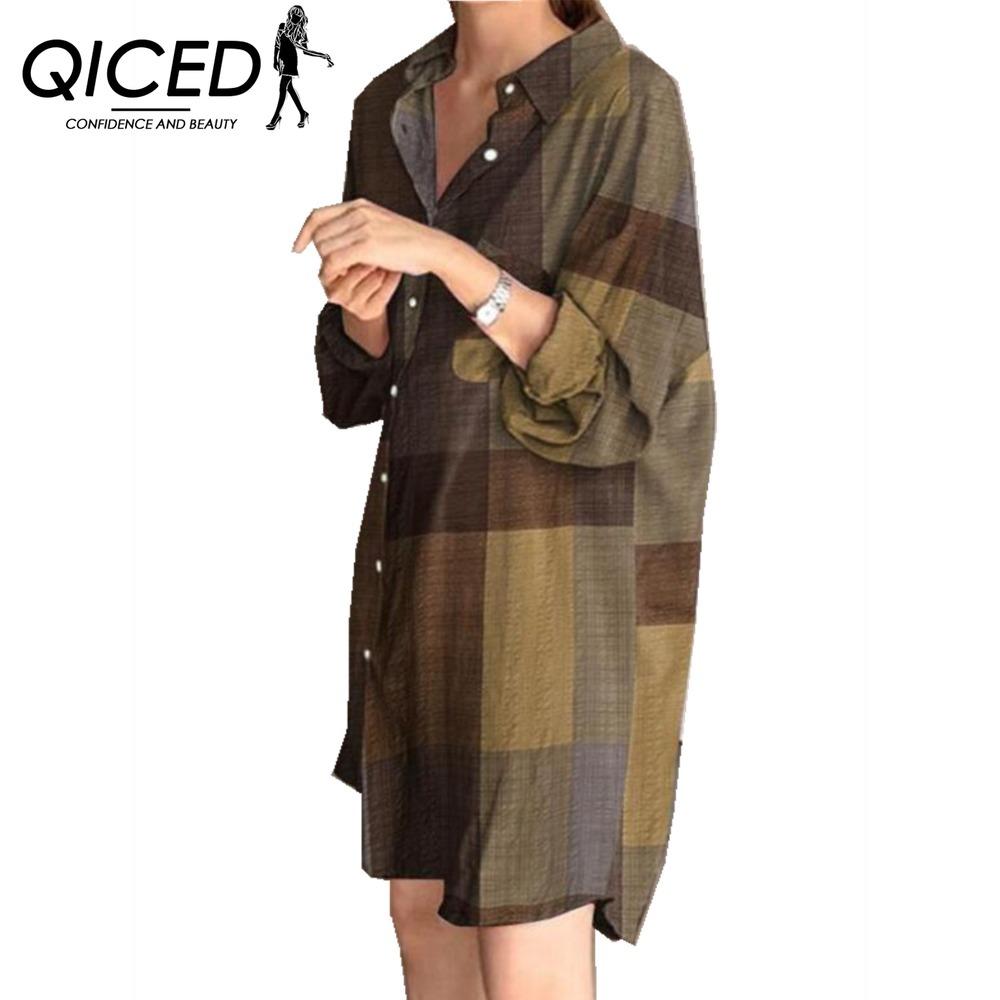 

QICED Женское платье-рубашка с отложным воротником и длинными рукавами, летнее модное платье с клетчатым принтом XXXL хаки