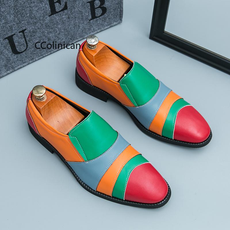 Hot Street Fashion Men Designer Pointed Patent Leather Shoes Mix Color Patchwork Loafers Wedding Male Office Dress Casual