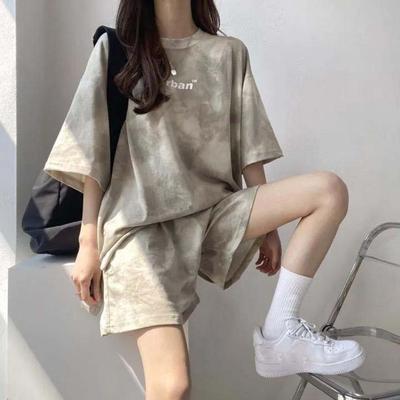Tie-dye Two-piece Tracksuit Letter Summer Loose Suit Streetwear Short Sleeve T-shirt Shorts  Female