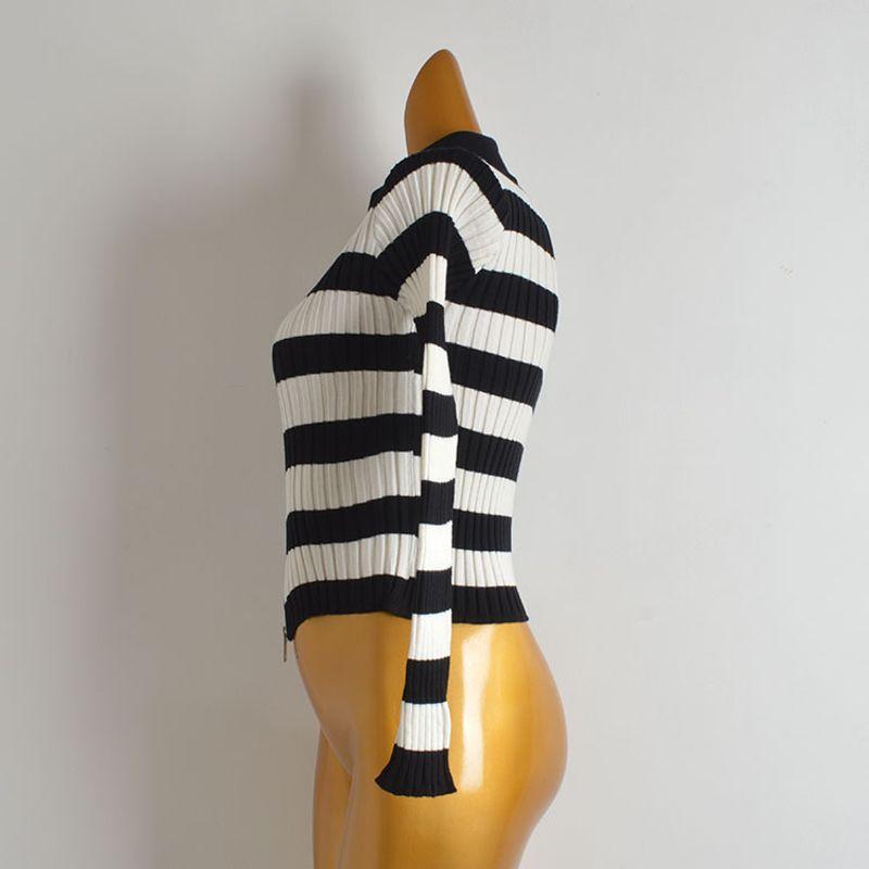 Spring & Fall New Arrival Vintage Stripe Turtleneck Double Zipper Knitting Cardigan Women's Clothes Silm Slimming and Short Sweater Top