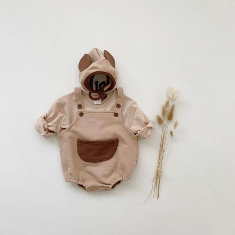 2021 Korean Ins Spring New Style Unisex Infant Baby Romper with Small Pockets and Suspenders