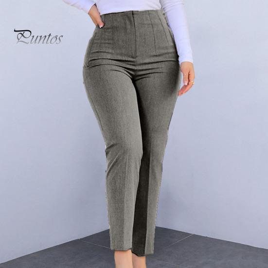 Work Pants High Waist Pleated Pockets Ninth-Length Women Trousers Female Solid Color Straight Leg Suit Office