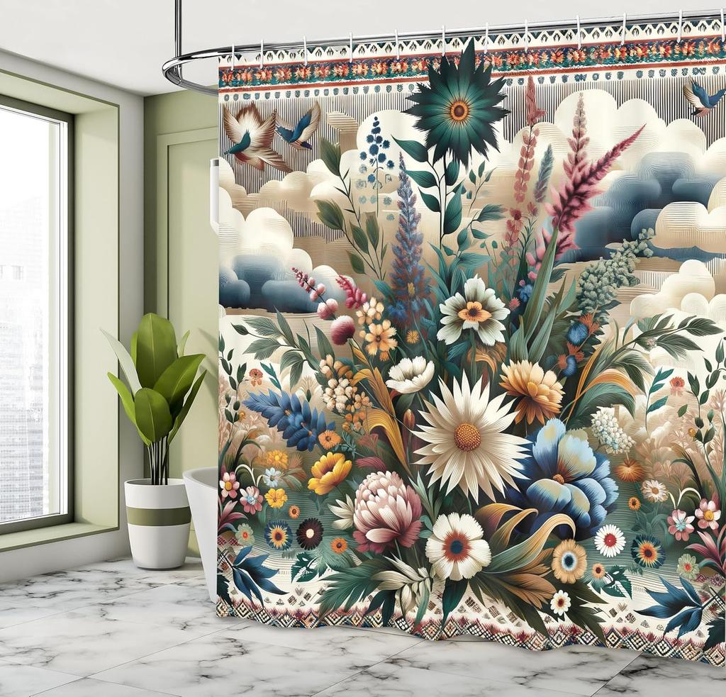 Rideau de douche Eucalyptus Floral, Fleurs Colorées Épanouies, Motifs Inspirés de l'Ikat, Bordures Sud-Ouest, Tissu Salle de Bain
