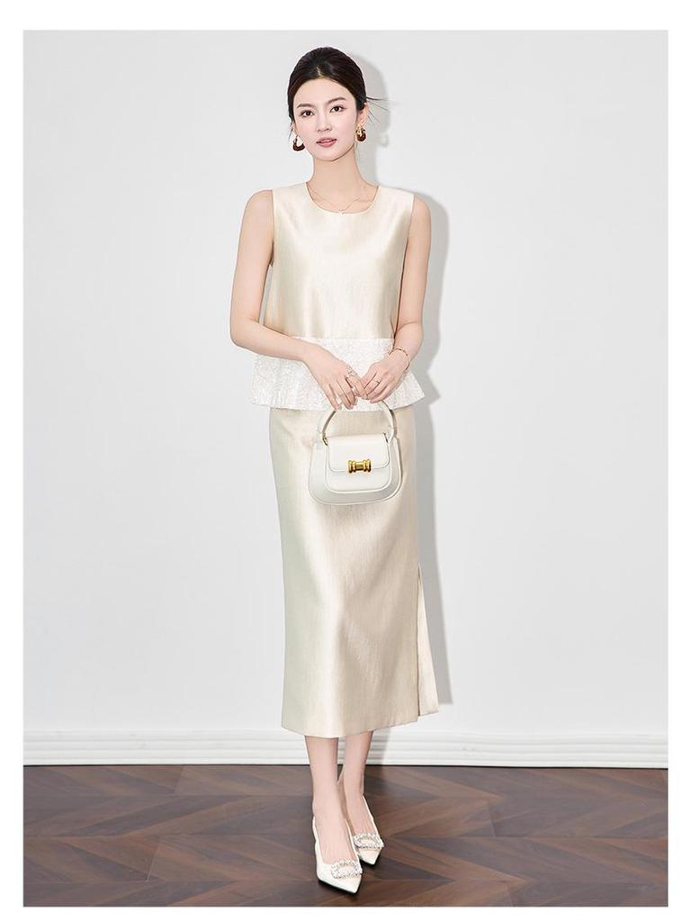 French Sequin Embroidery Vest & Tencel Midi Skirt Two-Piece Set for Women
