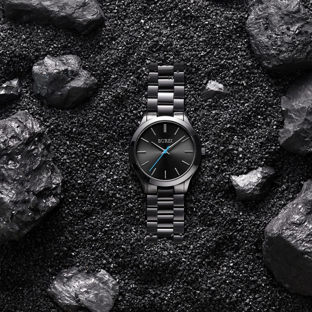 BUREI Men's Analog Quartz Watch Simple Waterproof Black Popular Stylish Men's Business Casual Watch (Blue Hands)