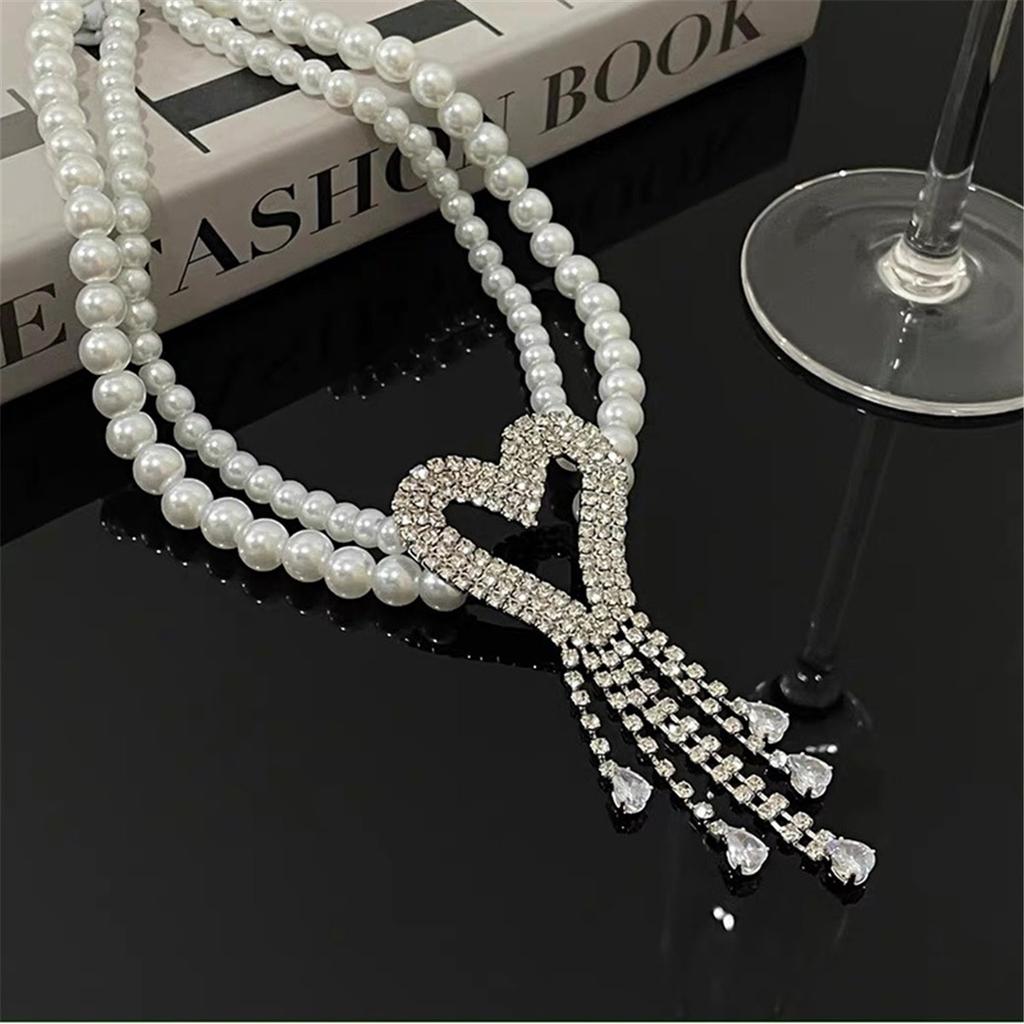 Fashion Light Luxury High Tooxika Sense Of Double Pearl Flash Diamond Love Tassel Necklace Necklace Collar Chain Collarbone Chain