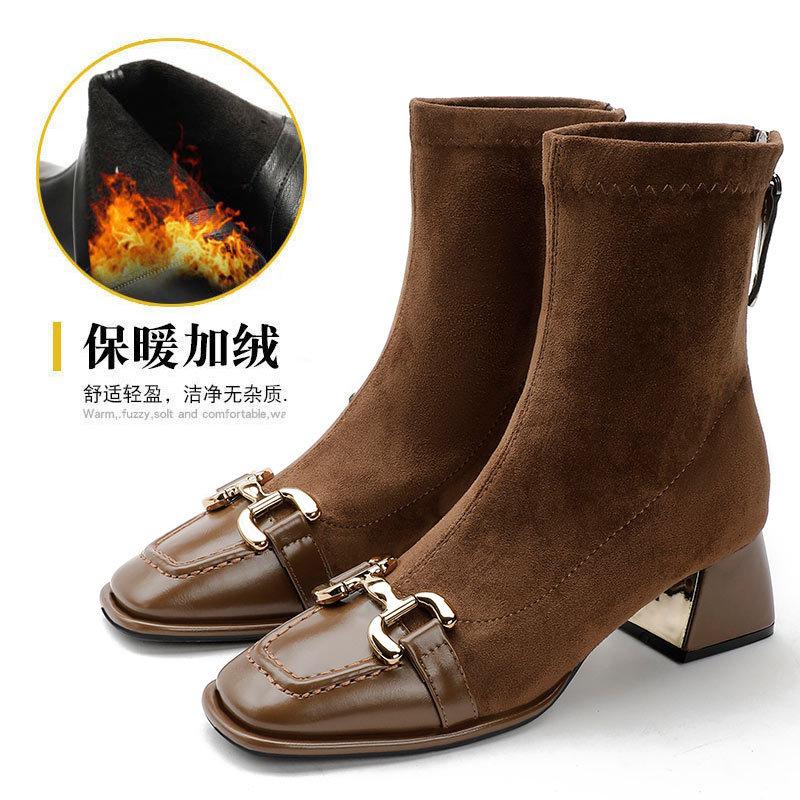 

Short boots women s thick heel square head 2024 new women s boots horse buckle French retro spring and autumn single boots medium heel thin boots 39