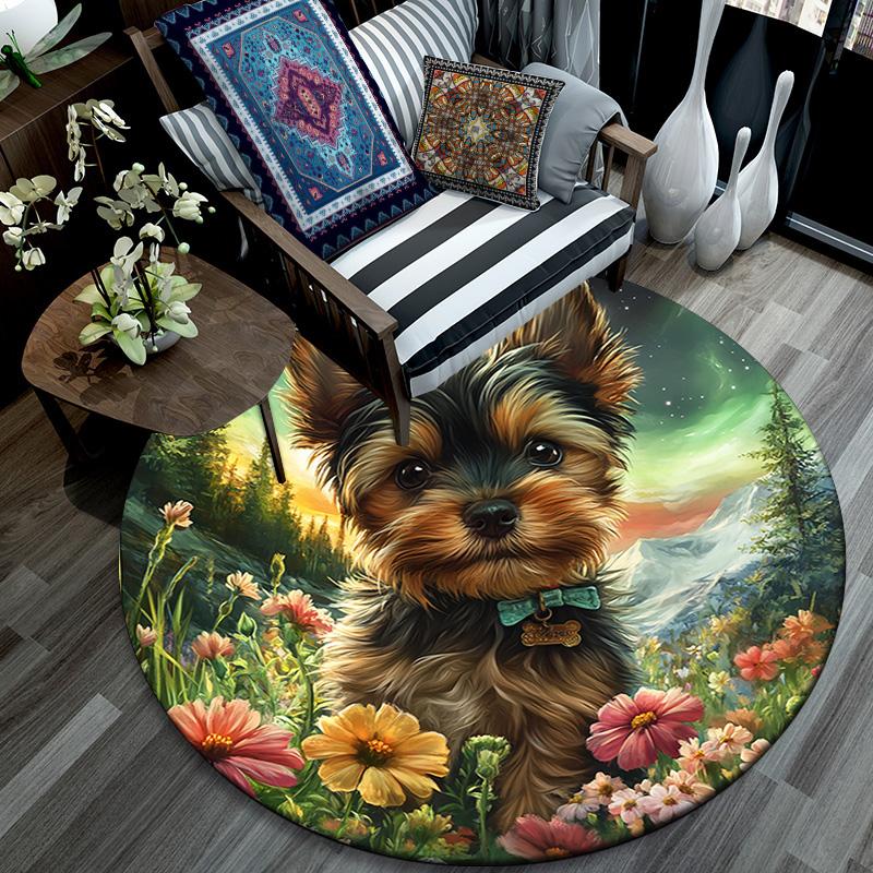 Yorkshire Terrier Round Area Rug,Carpet Rug for Living Room Bedroom Sofa Playroom Decor,Non-slip Floor Mat