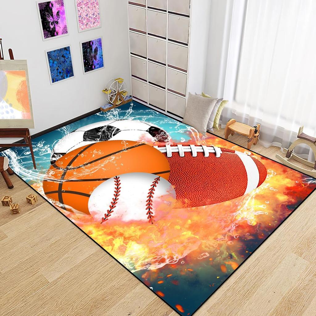 Basketball Rug for Boys Bedroom Kids Football Carpet Water Fire Sports Rugs for Boys Bedroom Baseball, Soccer Rug for Playroom