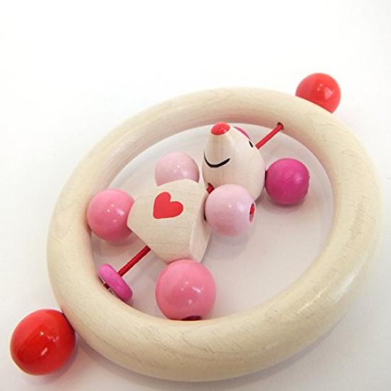 wooden pacifier and rattle teether by pink German-made Himes, heart-shaped mouse,