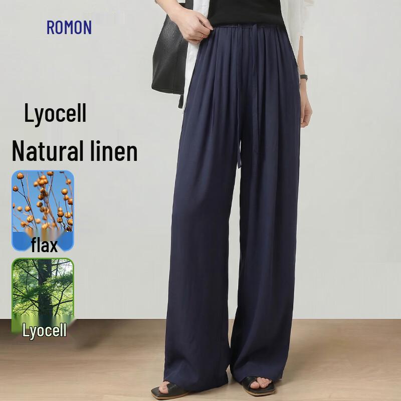 

Romon Women s Natural Linen & Lyocell Straight Wide-Leg Pants M