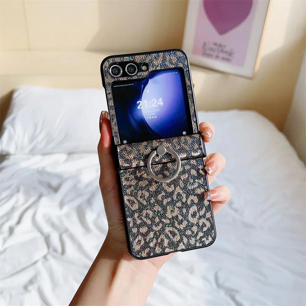 Personalized Sexy Leopard Print Leather Case For Samsung Galaxy Z Flip 7 6 5 4 3 Anti-Drop Ring Holder Bracket Flip Phone Cover
