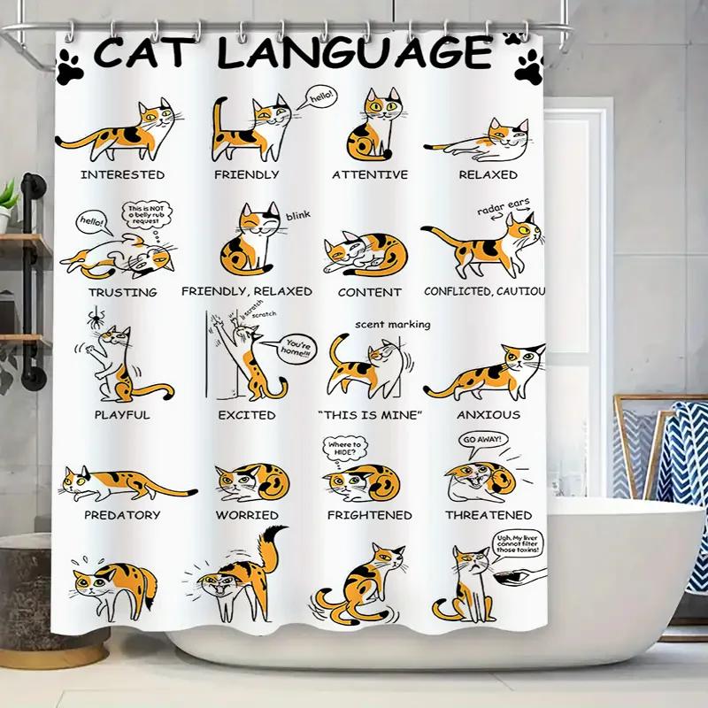 Unleash Your Feline Inner Self with These Adorable Cat Language Shower Curtains A unique home decor item featuring funny illustr W90XH180cm