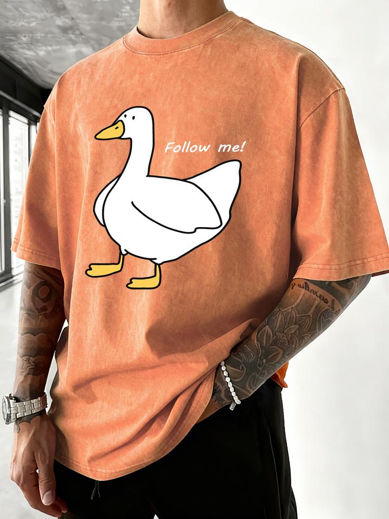 Follow The Goose Design Men Washed T Shirt Summer Hip Hop TShirt Crewneck Cotton Sportswear Casual Oversized Short Sleeves