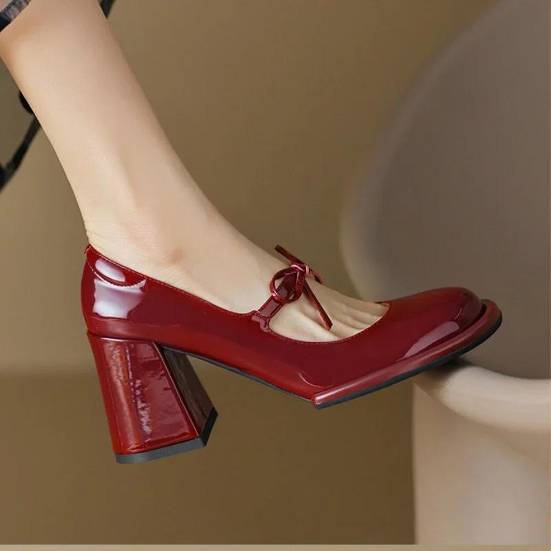 Red Heels  2024 Spring New Round Toe  Pumps Comfortable Chunky Heel  Jane Shoes Simple Elegant Lady Formal