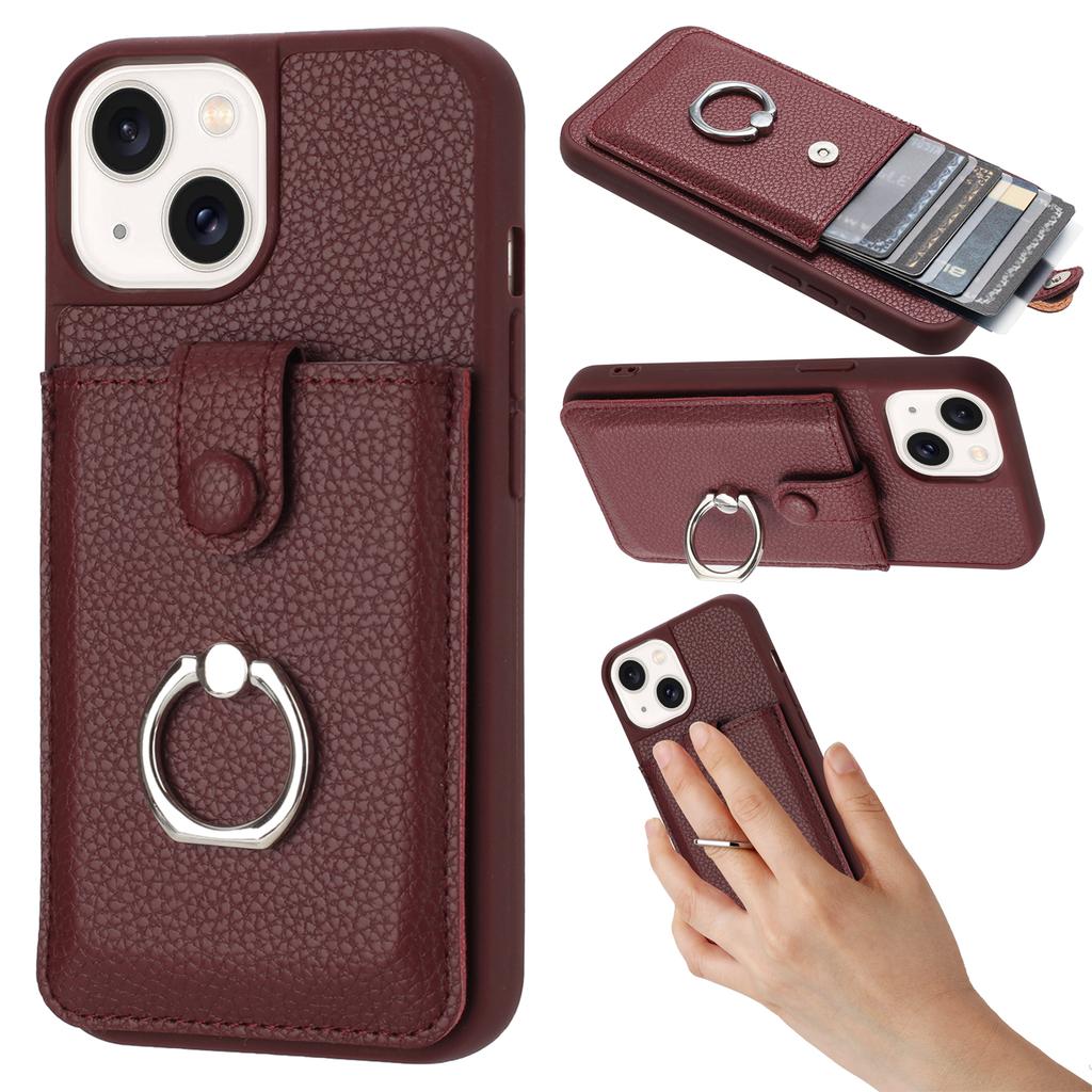 For iPhone 14/13 Case Drawing Type Card Slots Litchi Texture Leather Back Cover with Ring Kickstand